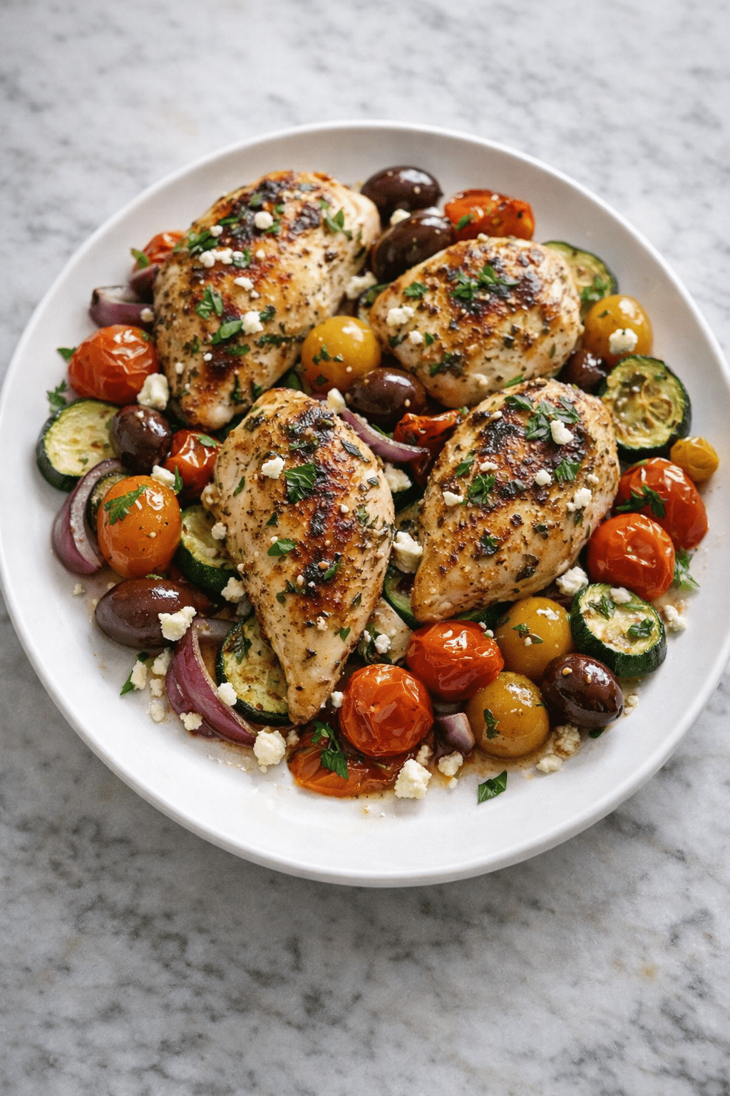 Sheet Pan Greek Chicken & Veggies with roasted tomatoes, zucchini, red onion, olives, and feta cheese