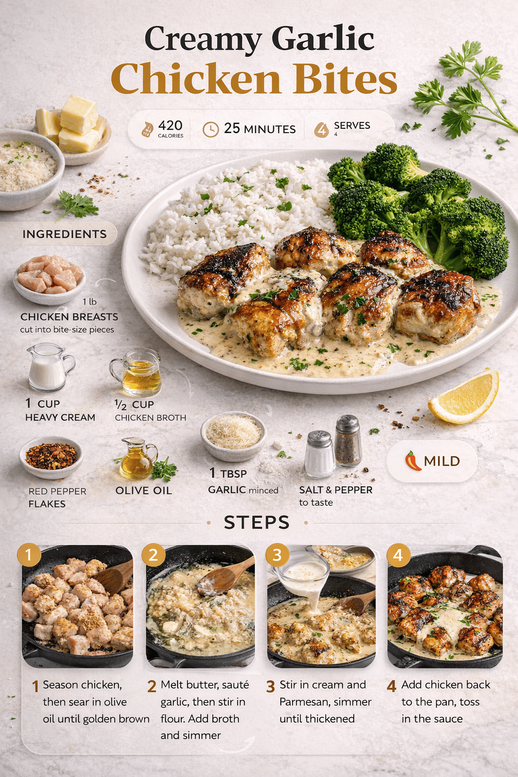 Infographic showing creamy garlic chicken bites recipe with ingredients, step-by-step cooking process, and creamy garlic sauce over grilled chicken pieces