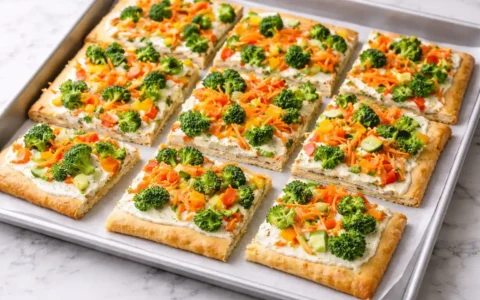 Crescent Roll Veggie Pizza sliced and ready to serve with broccoli, carrots, peppers, and creamy topping