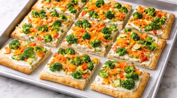 Crescent Roll Veggie Pizza sliced and ready to serve with broccoli, carrots, peppers, and creamy topping