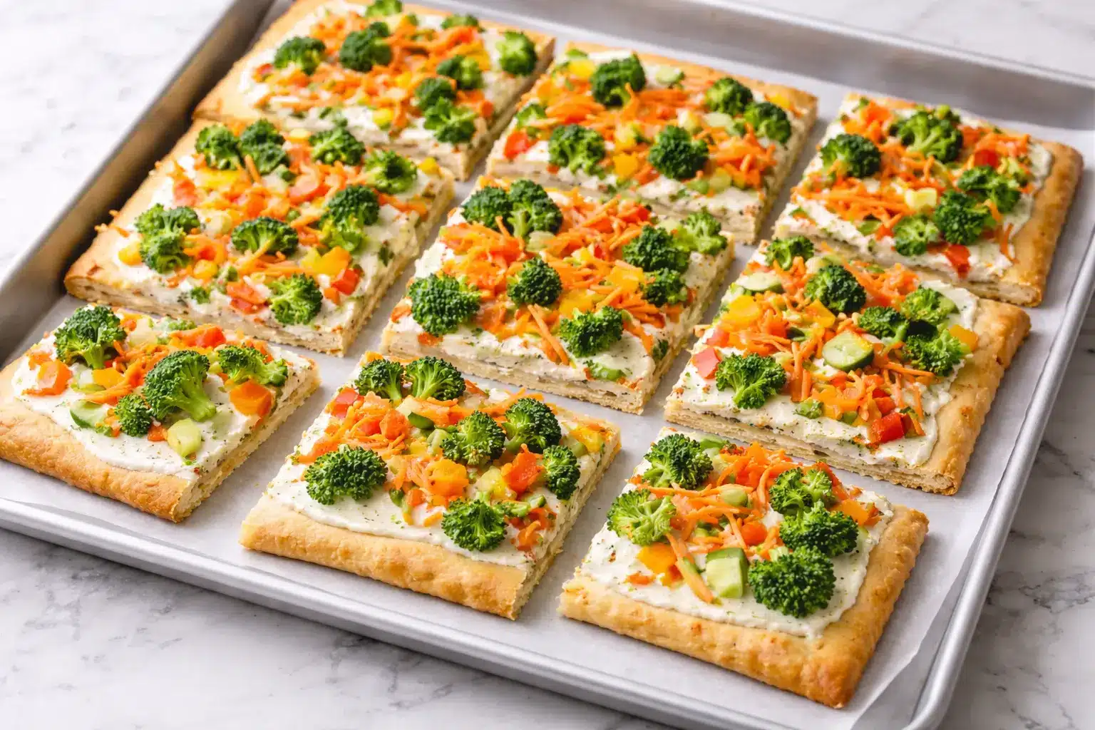 Crescent Roll Veggie Pizza sliced and ready to serve with broccoli, carrots, peppers, and creamy topping