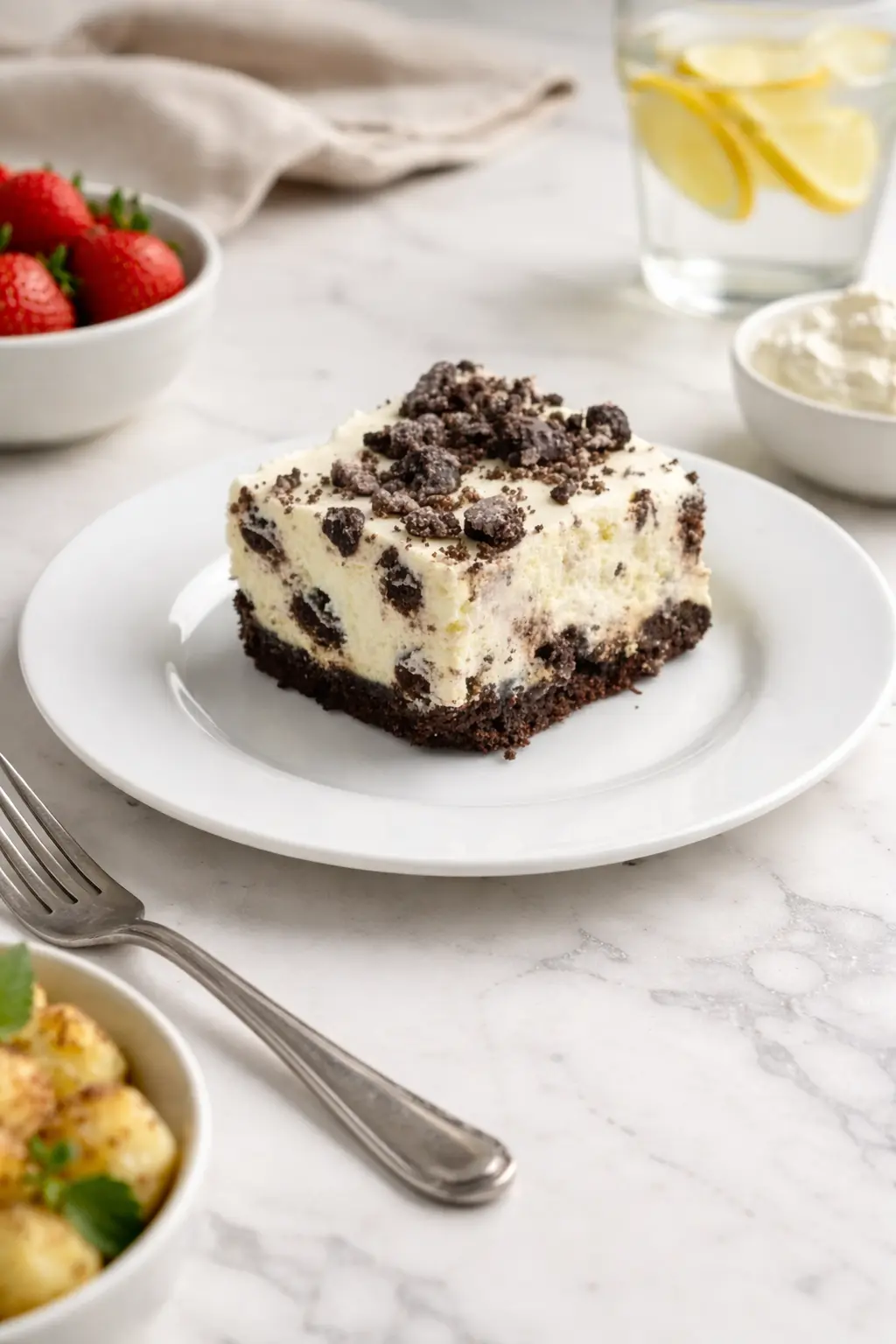 Slice of No Bake Oreo Cheesecake on a white plate with strawberries and whipped cream.