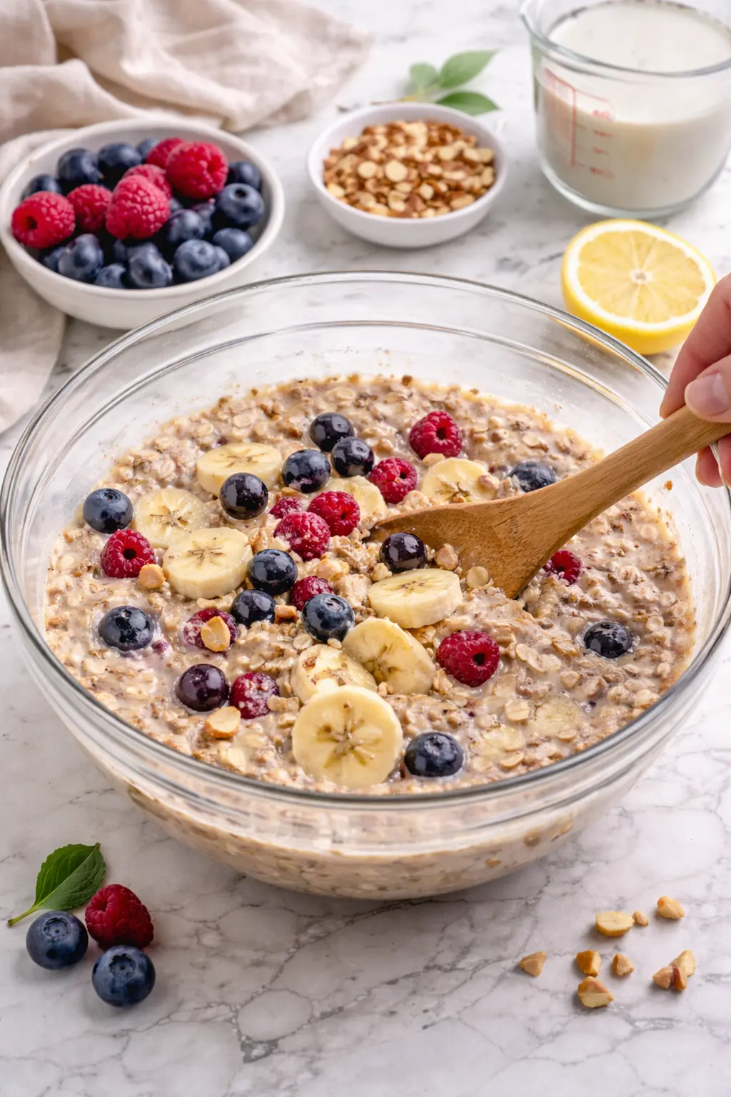 Mixing oats, banana slices, and berries together while preparing baked protein oats