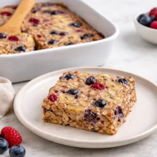 Baked protein oats with banana slices and mixed berries baked in a ceramic dish and served warm