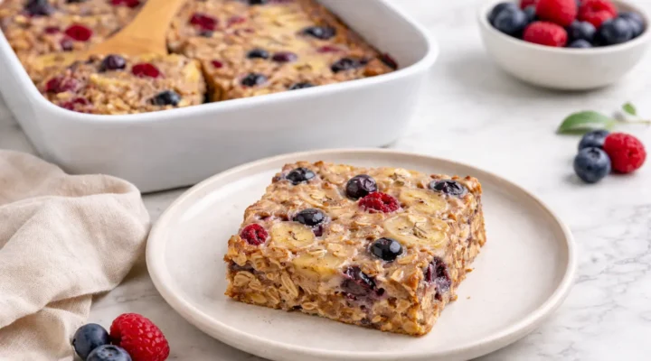 Baked protein oats with banana slices and mixed berries baked in a ceramic dish and served warm