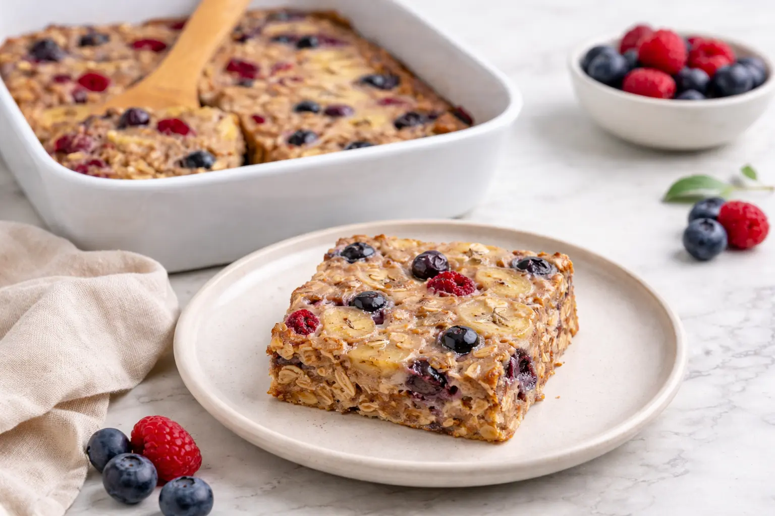 Baked protein oats with banana slices and mixed berries baked in a ceramic dish and served warm