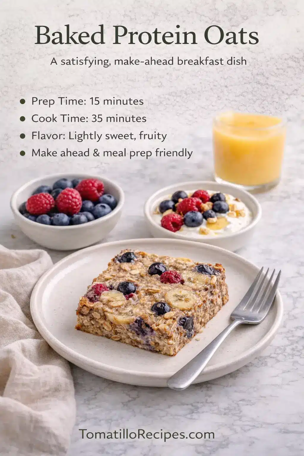 Vertical recipe infographic showing baked protein oats with prep time and cooking details