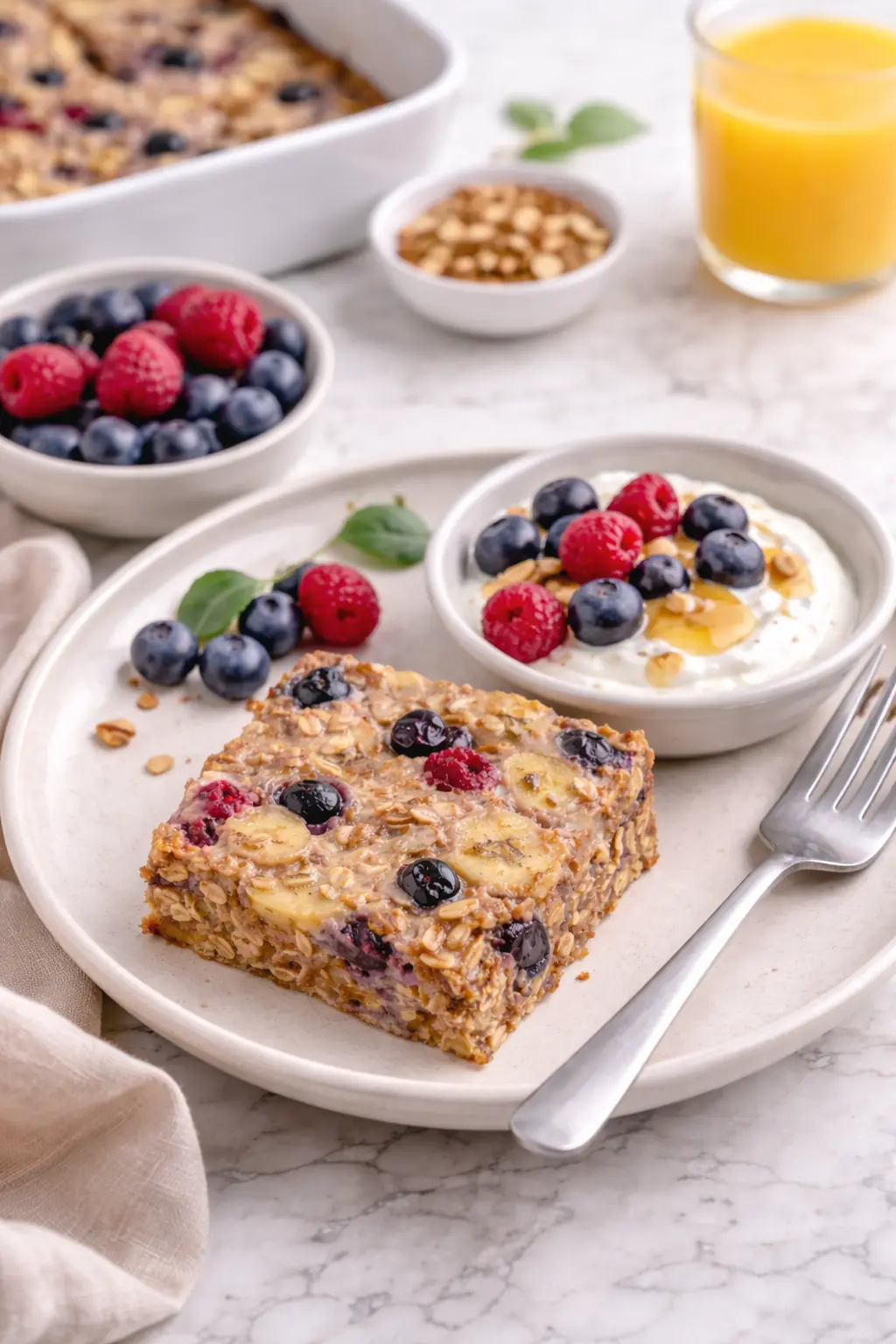 Baked protein oats served on a plate with berries and yogurt as part of a home breakfast