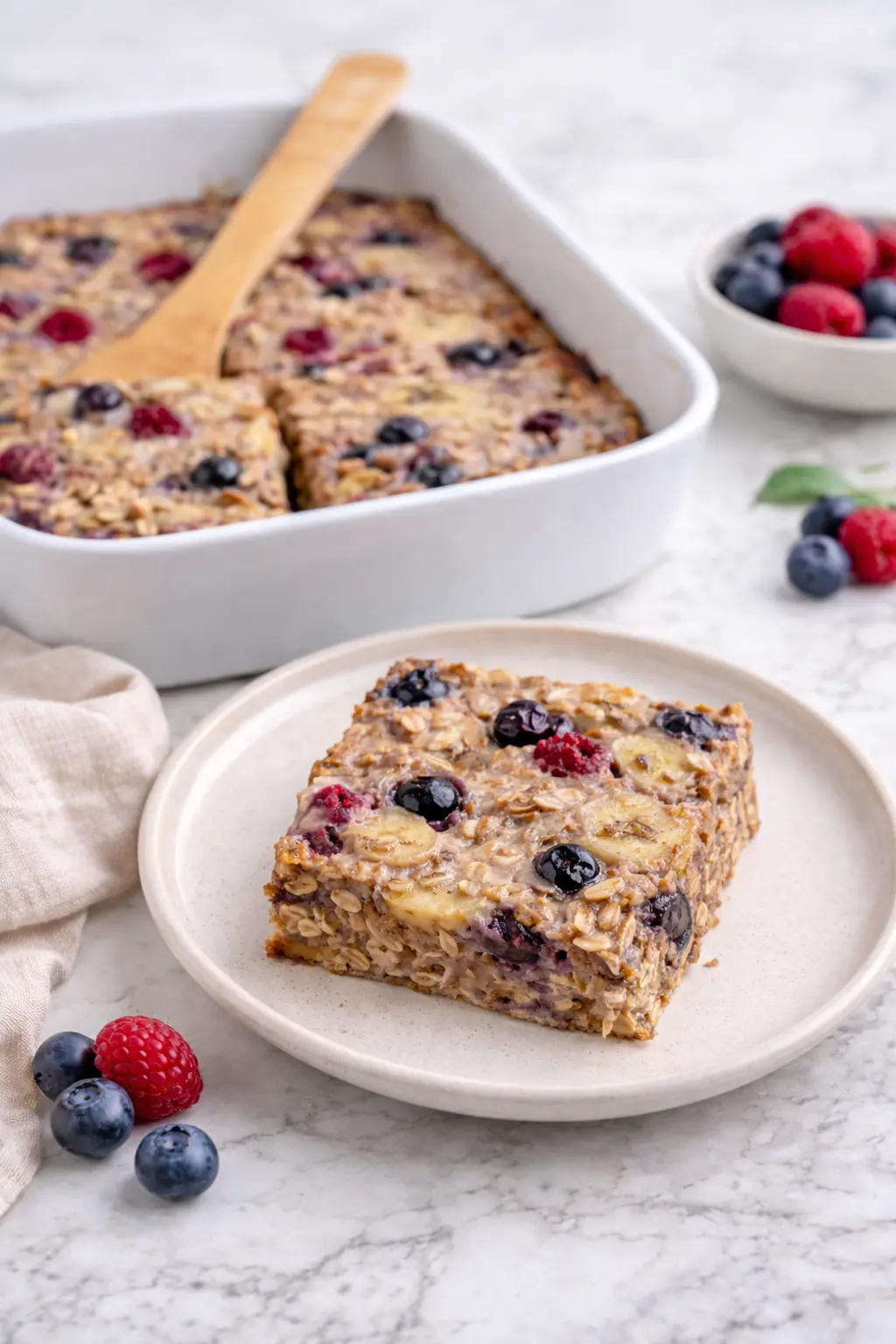 Vertical image of baked protein oats with banana slices and mixed berries served on a plate