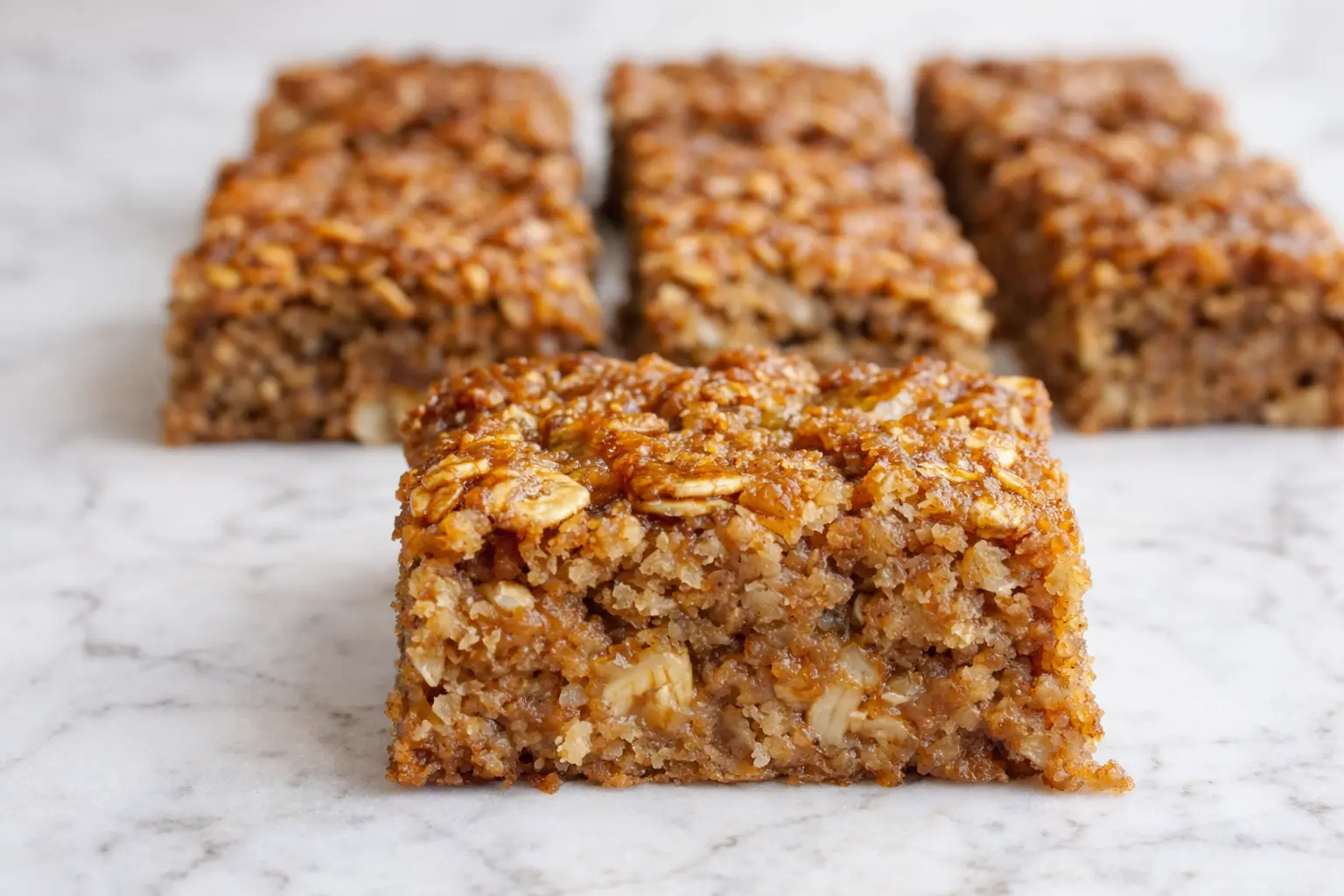 Homemade banana oatmeal bars sliced into squares on a white marble surface