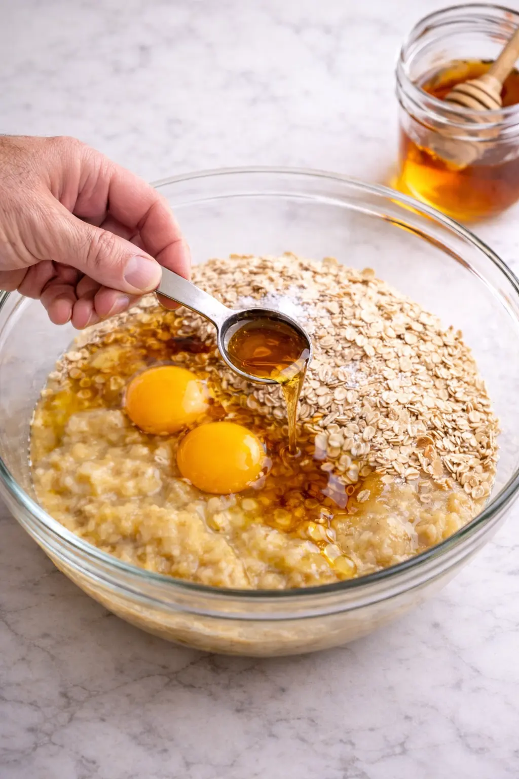 Hands mixing banana oatmeal bars batter with oats eggs and honey in a glass bowl