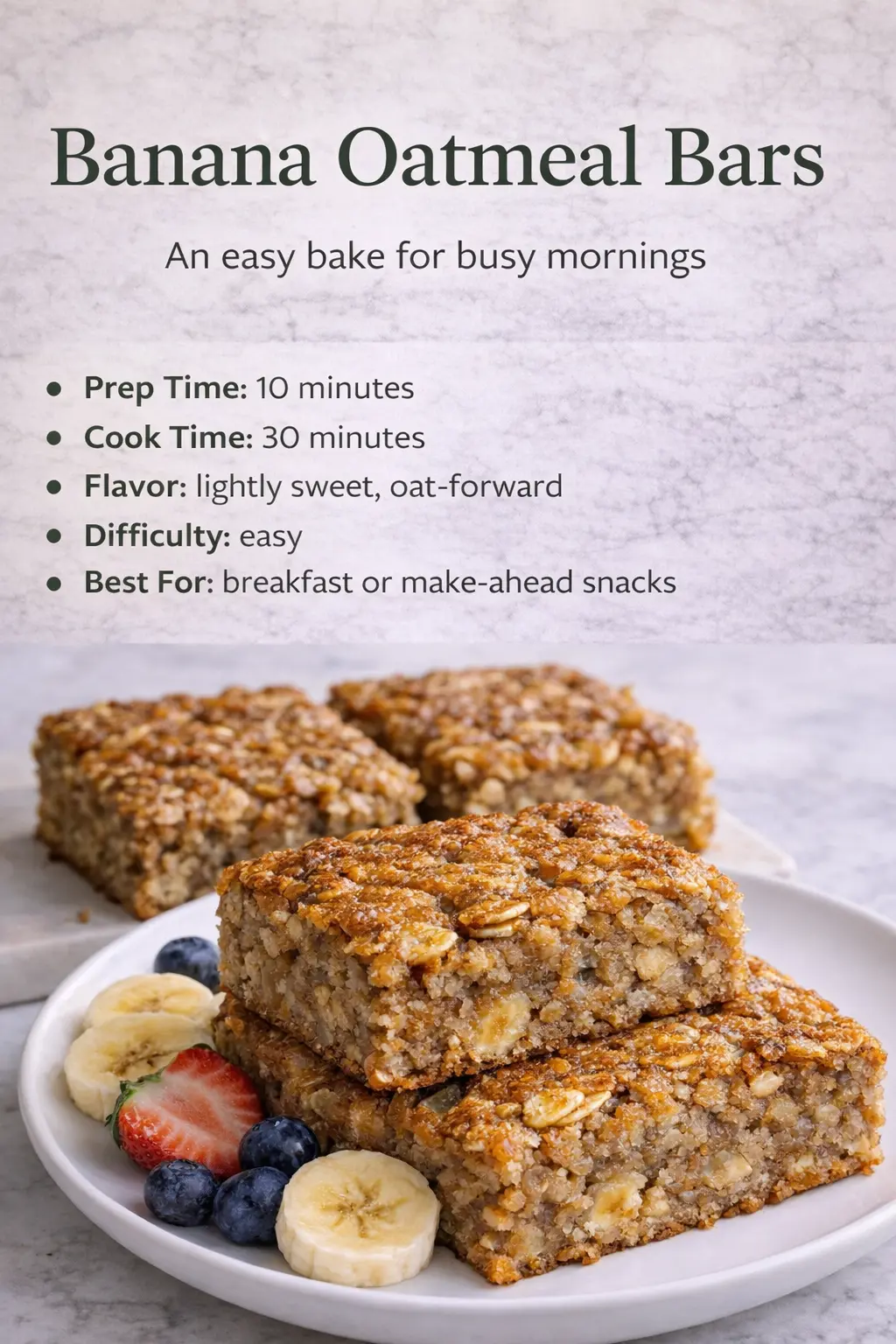 Banana oatmeal bars recipe infographic showing prep time cook time and finished bars