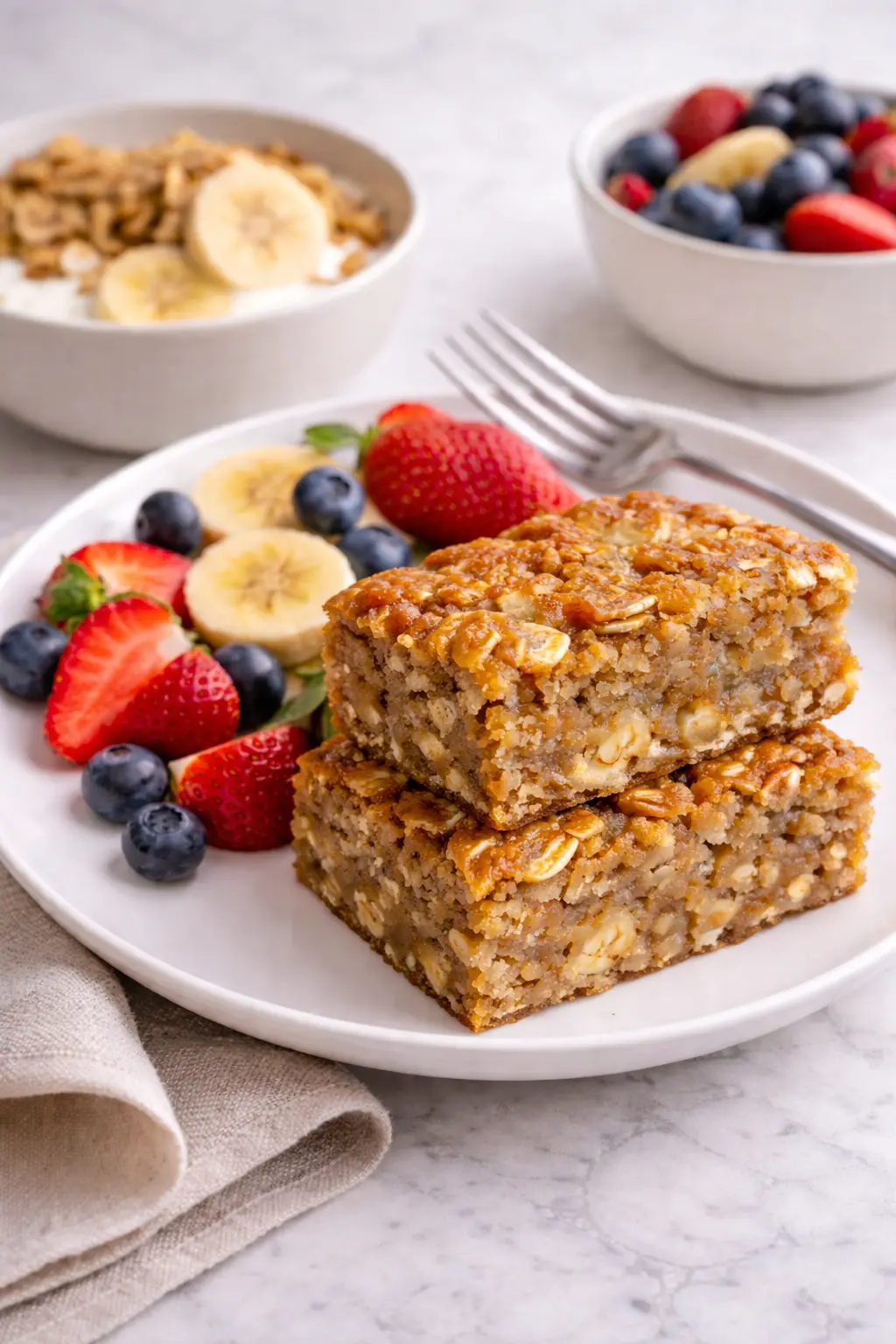 Banana oatmeal bars served on a plate with fresh fruit in a home kitchen setting