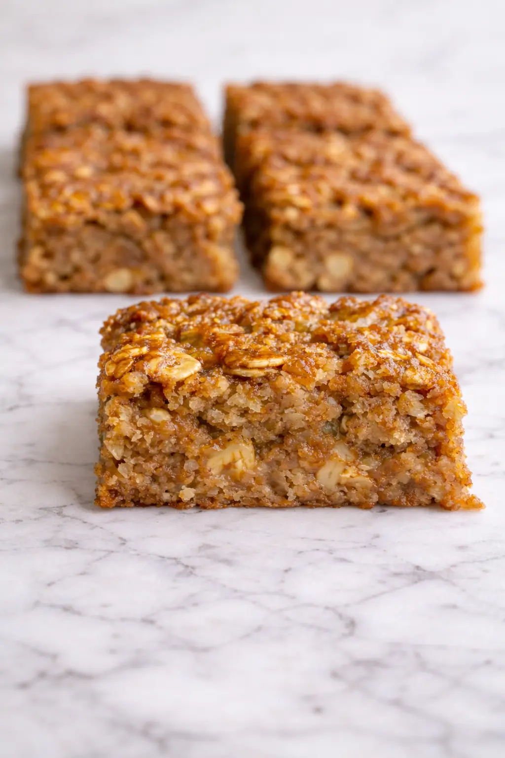 Vertical photo of homemade banana oatmeal bars sliced and cooling on a white marble surface