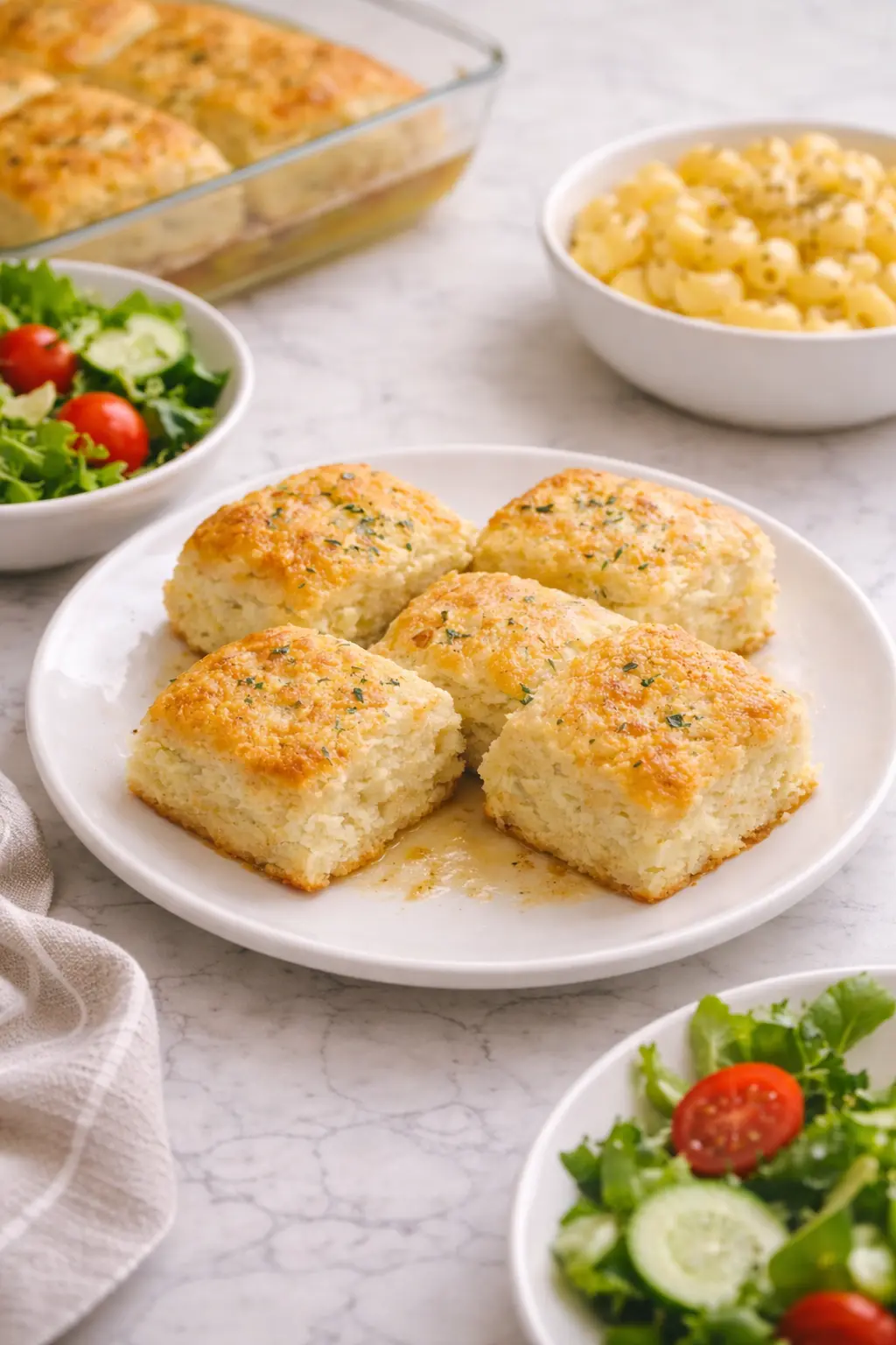 Butter swim biscuits on a white plate with salad and macaroni sides on a marble table.