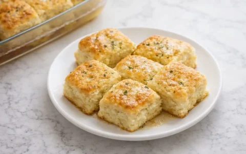Golden brown butter swim biscuits on a white plate with parsley garnish and baking dish in background.