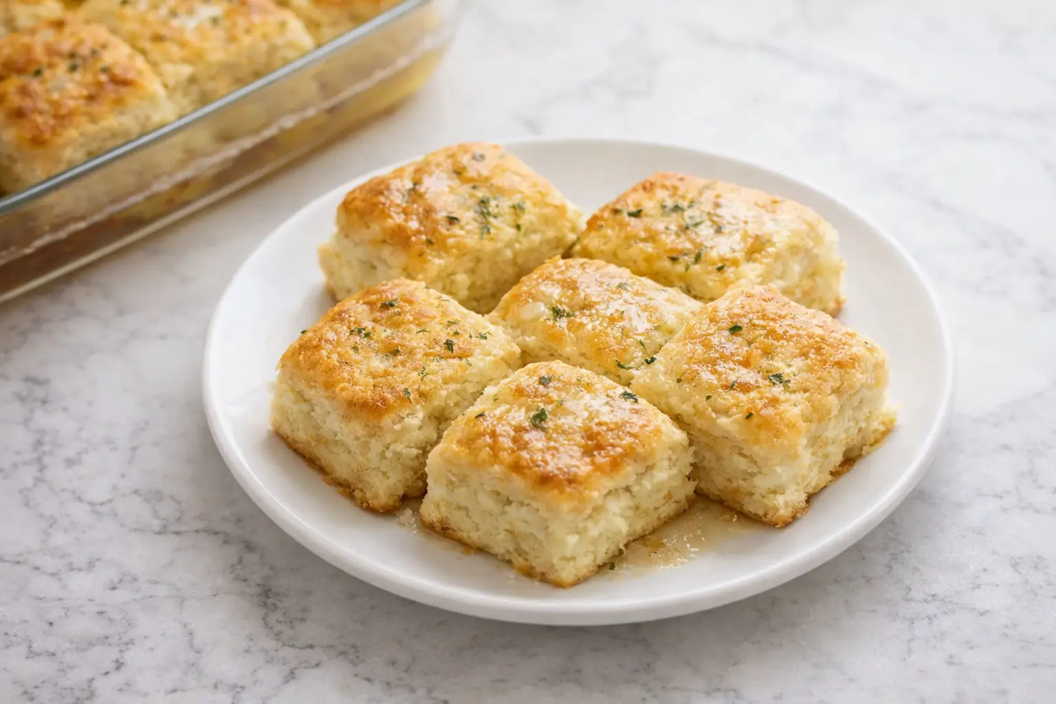 Golden brown butter swim biscuits on a white plate with parsley garnish and baking dish in background.