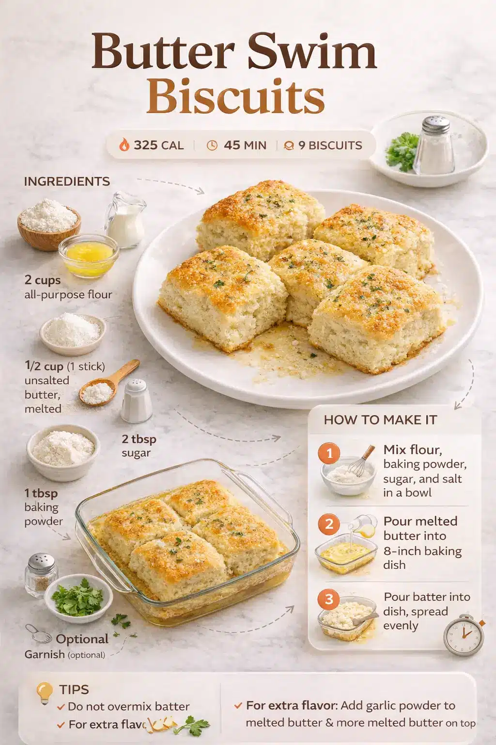Infographic for butter swim biscuits recipe with ingredients, steps, and baked biscuits on plate.