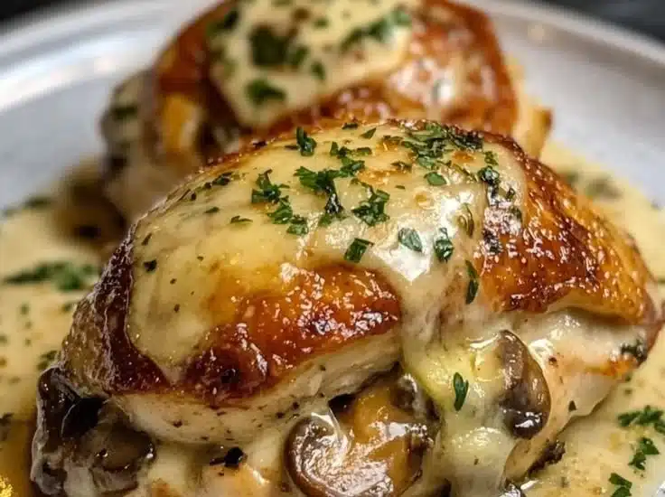 Cheesy garlic butter mushroom stuffed chicken served on a plate with herbs