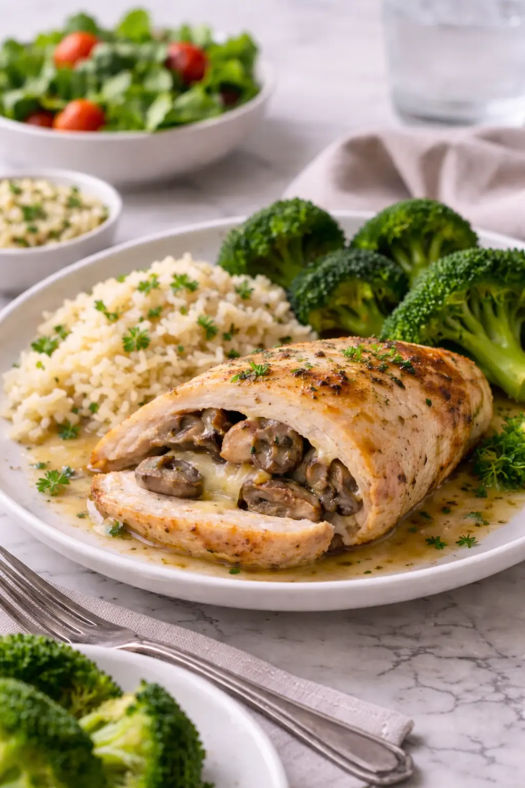 Cheesy garlic butter mushroom stuffed chicken served with rice and broccoli as a simple home-style meal