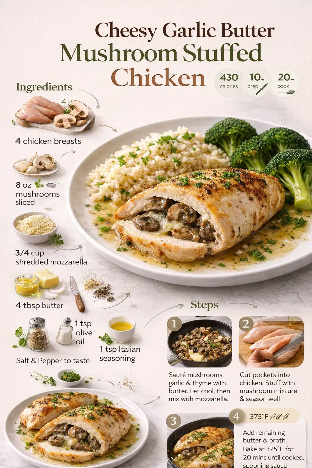 Cheesy garlic butter mushroom stuffed chicken recipe infographic showing ingredients, steps, and finished dish