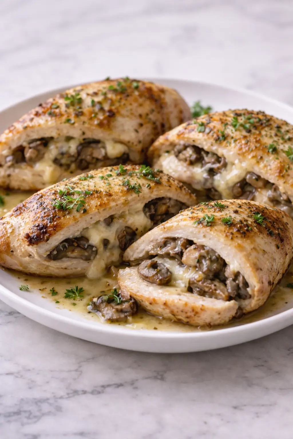 Cheesy garlic butter mushroom stuffed chicken baked until golden, sliced open to show melted cheese and mushrooms