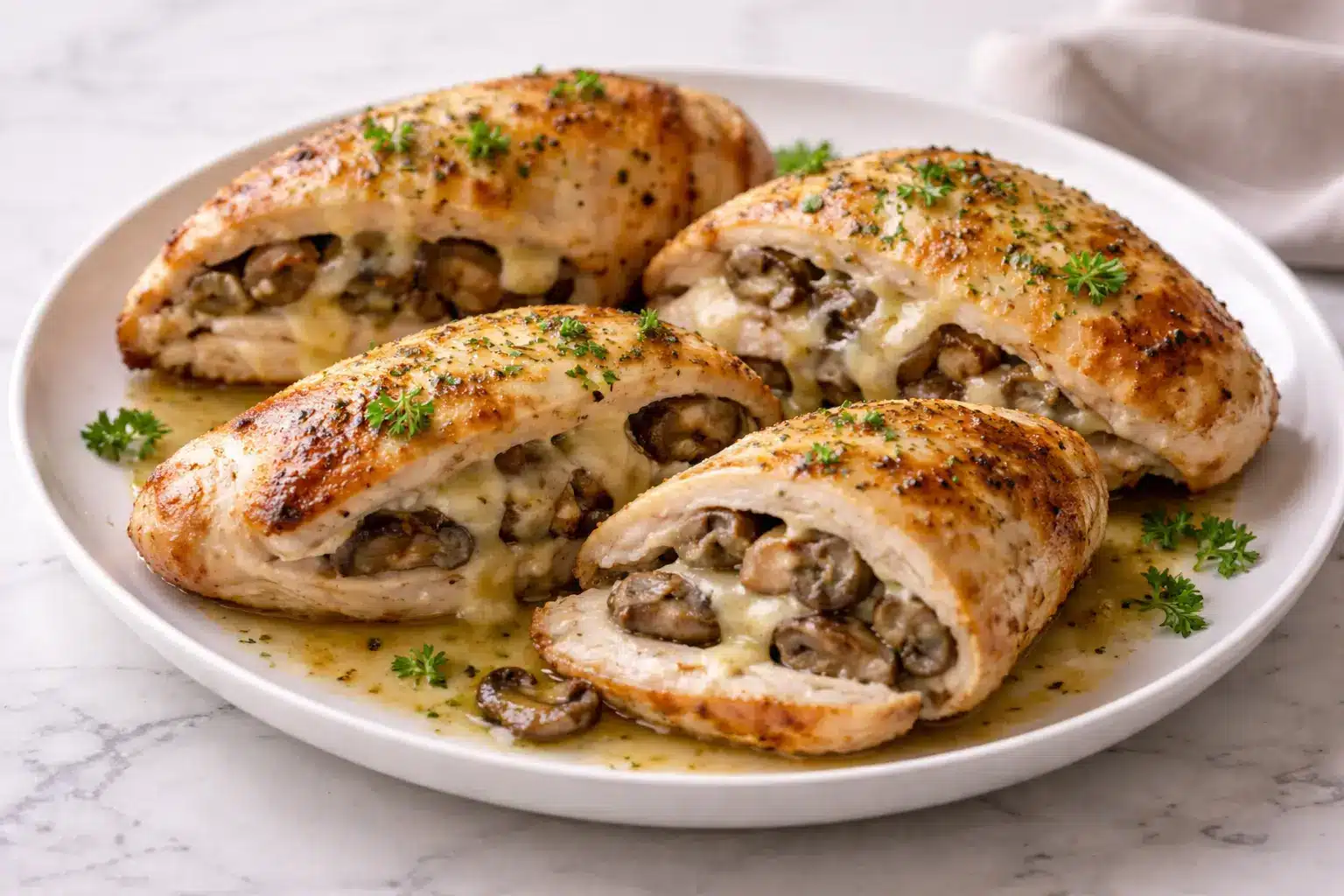 Cheesy garlic butter mushroom stuffed chicken baked until golden and sliced to show the mushroom and cheese filling