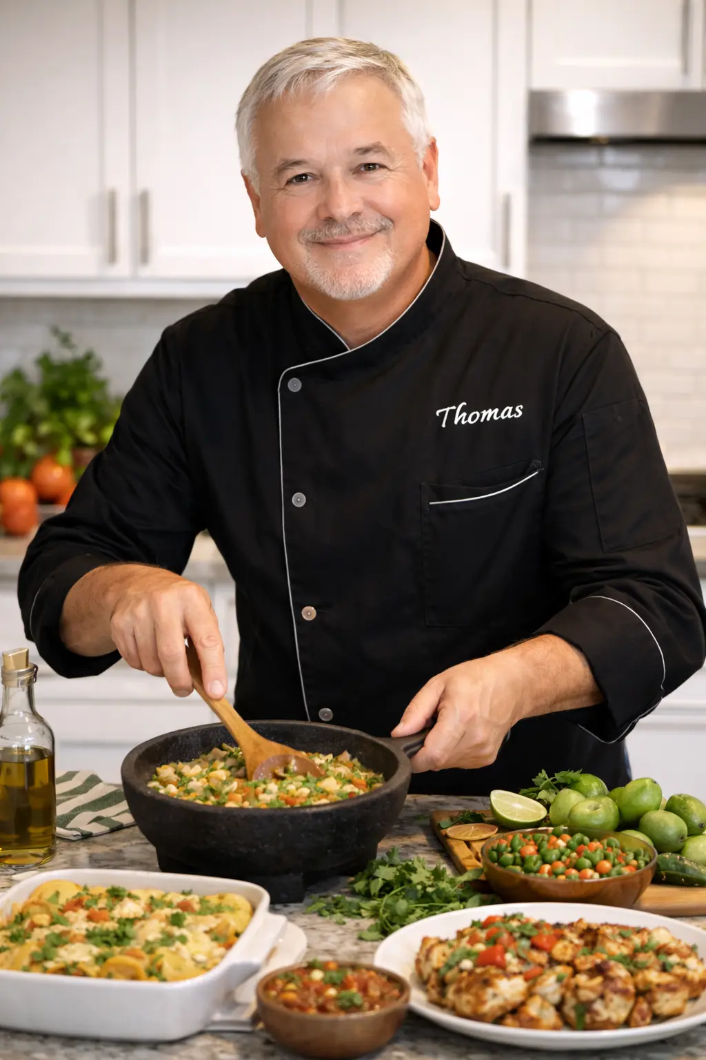 Chef Thomas cooking tomatillo recipes in his kitchen using fresh tomatillos and herbs