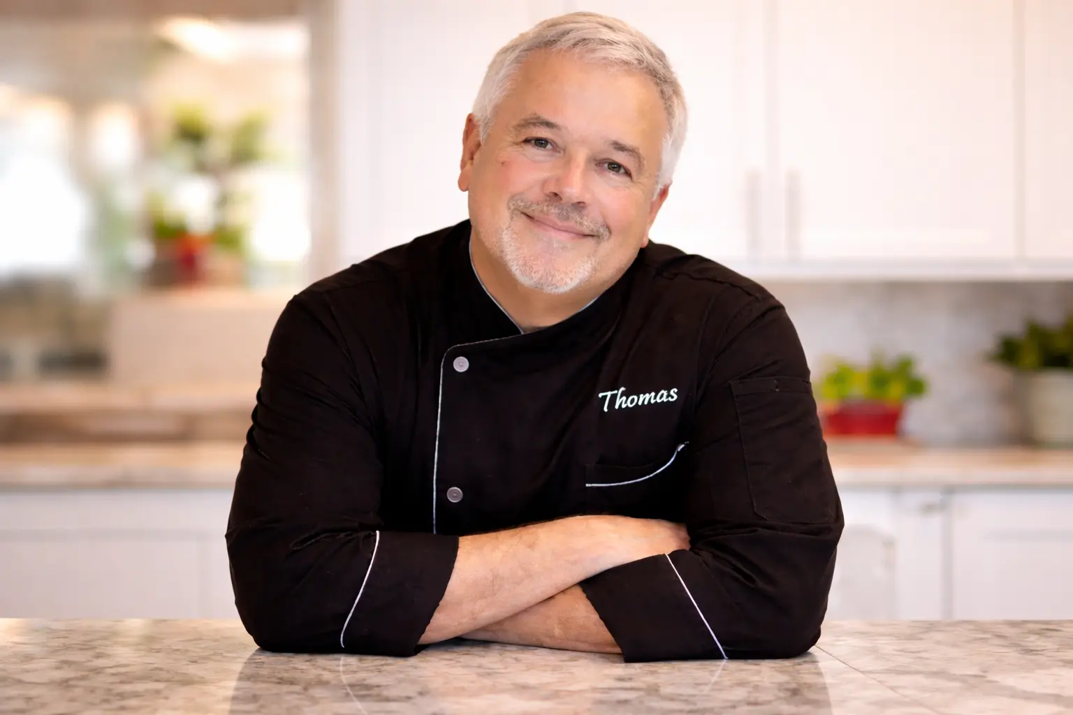 Chef Thomas smiling in his home kitchen, wearing a black chef coat and leaning on a countertop