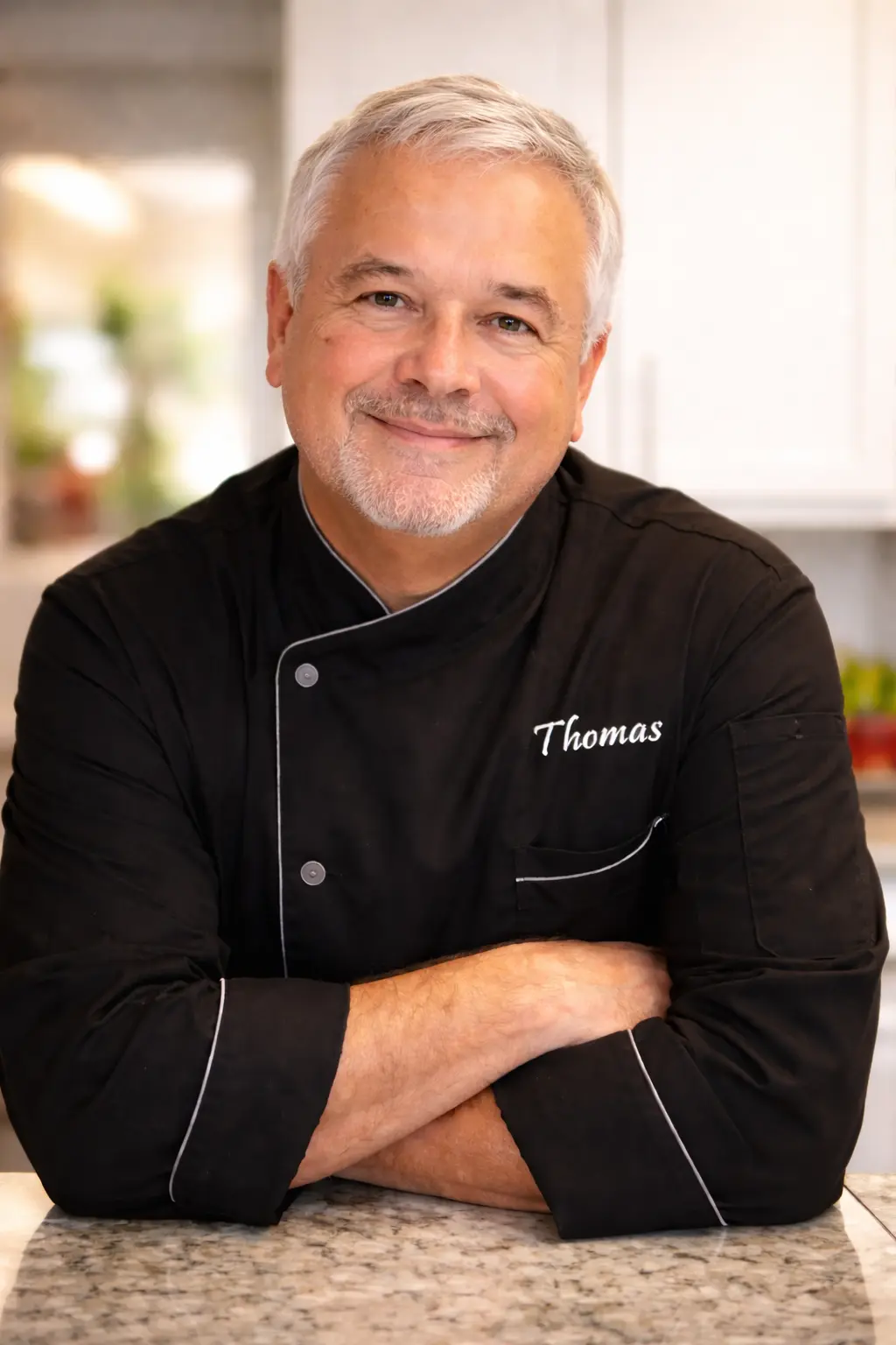 Chef Thomas, founder of Tomatillo Recipes, standing in his kitchen wearing a black chef coat with arms crossed