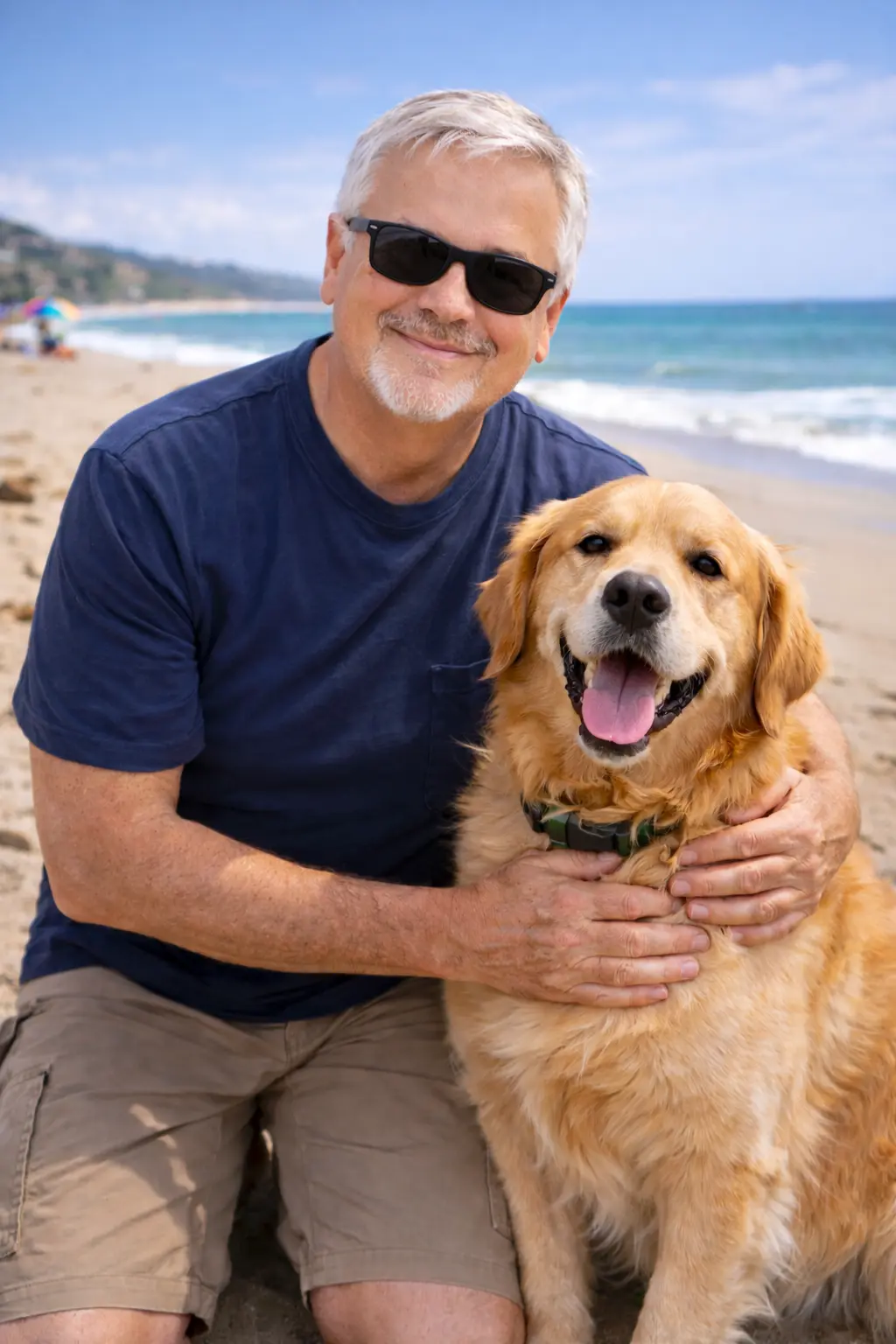 Chef Thomas enjoying a summer beach trip with his dog while traveling