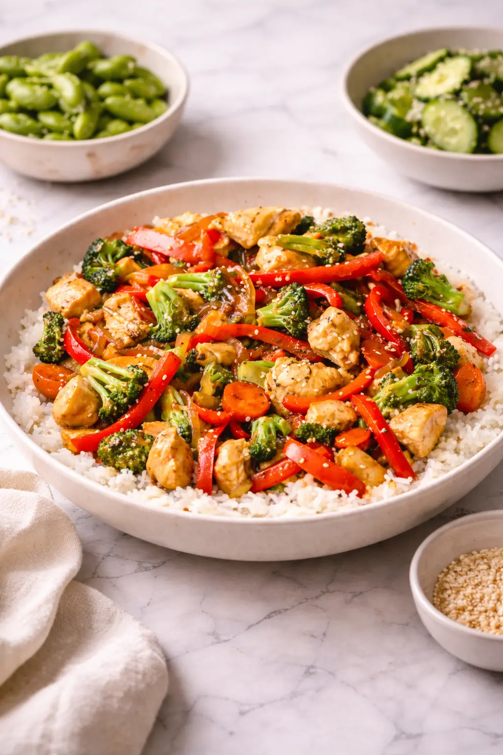 Chicken Stir-Fry served over rice with broccoli, bell peppers, and carrots as a complete meal