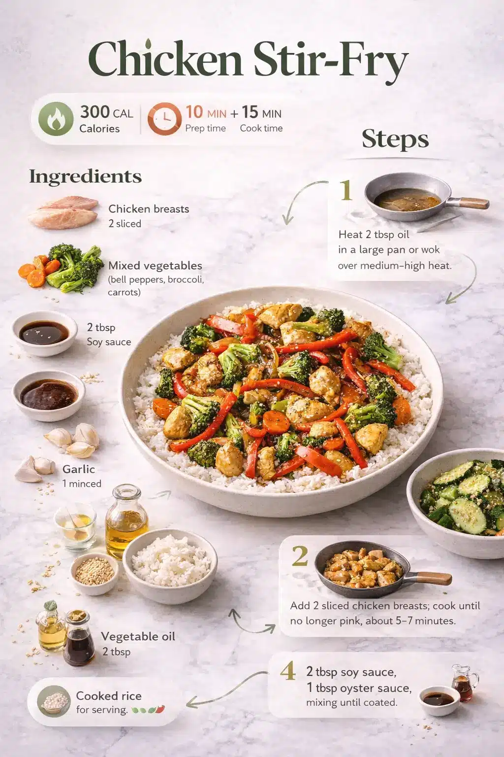 Chicken Stir-Fry recipe infographic showing ingredients, cooking steps, and finished dish