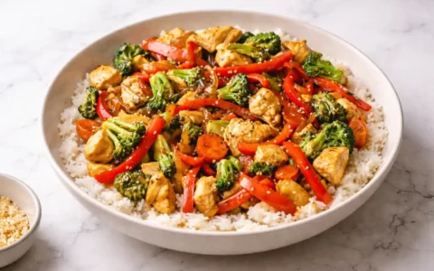 Chicken Stir-Fry with broccoli, bell peppers, carrots, and chicken served over white rice