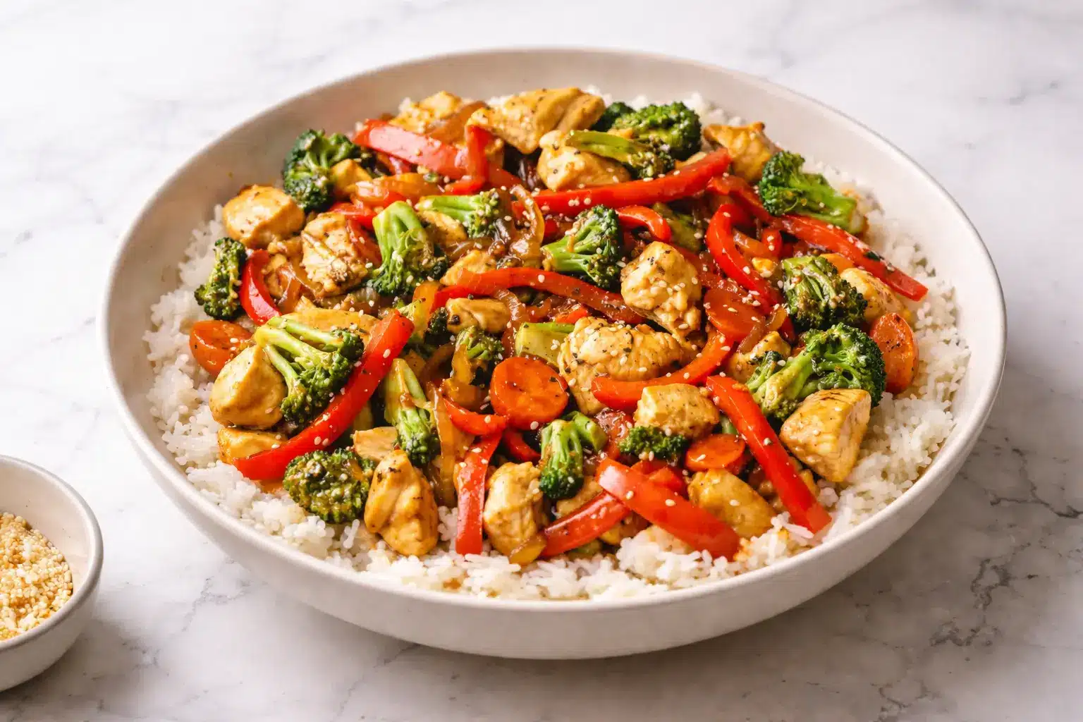 Chicken Stir-Fry with broccoli, bell peppers, carrots, and chicken served over white rice