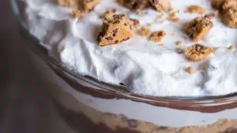 Delicious Cookie Dough Trifle with layers of cookie dough and whipped cream.
