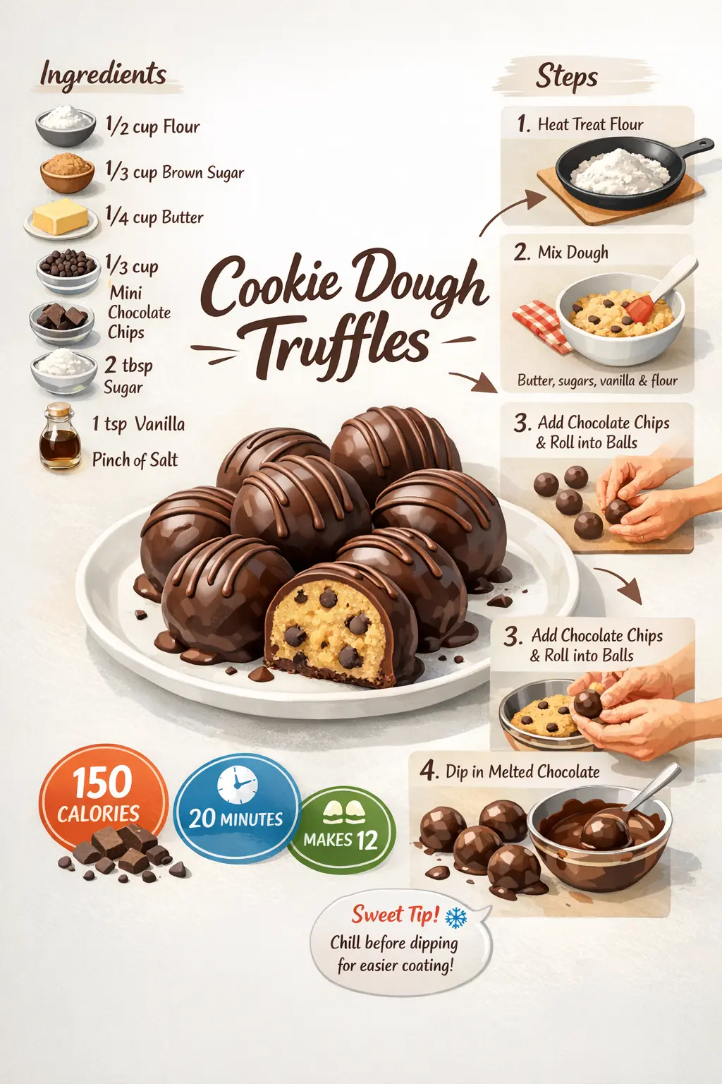 Ultra-clean modern infographic of cookie dough truffles showing ingredients, step-by-step preparation, calories, and prep time