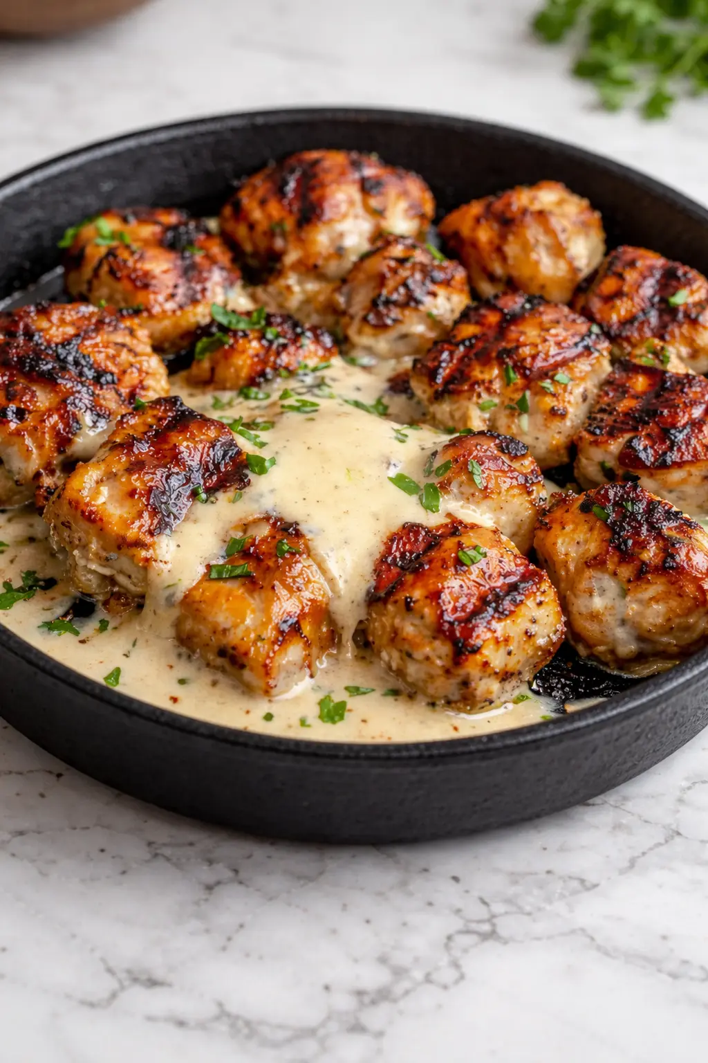 Creamy Garlic Chicken Bites cooked in a skillet with rich garlic cream sauce and fresh parsley