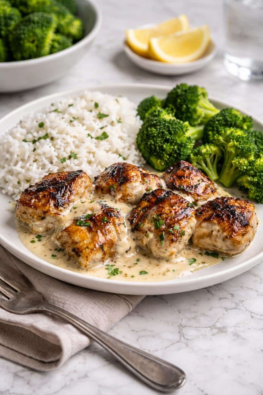 Creamy Garlic Chicken Bites served with rice and broccoli on a white plate with garlic cream sauce