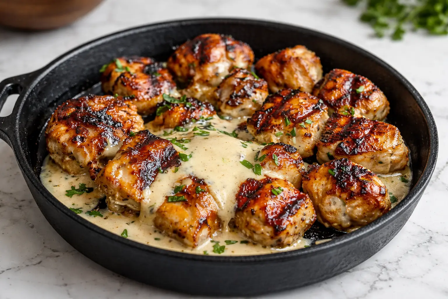 Creamy Garlic Chicken Bites in a skillet with grilled chicken pieces coated in a rich garlic cream sauce