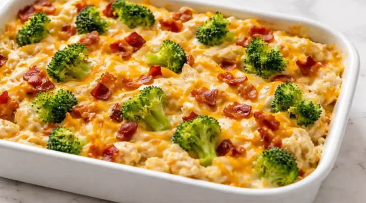 Creamy low carb chicken casserole baked with broccoli, cauliflower, and melted cheese in a white dish