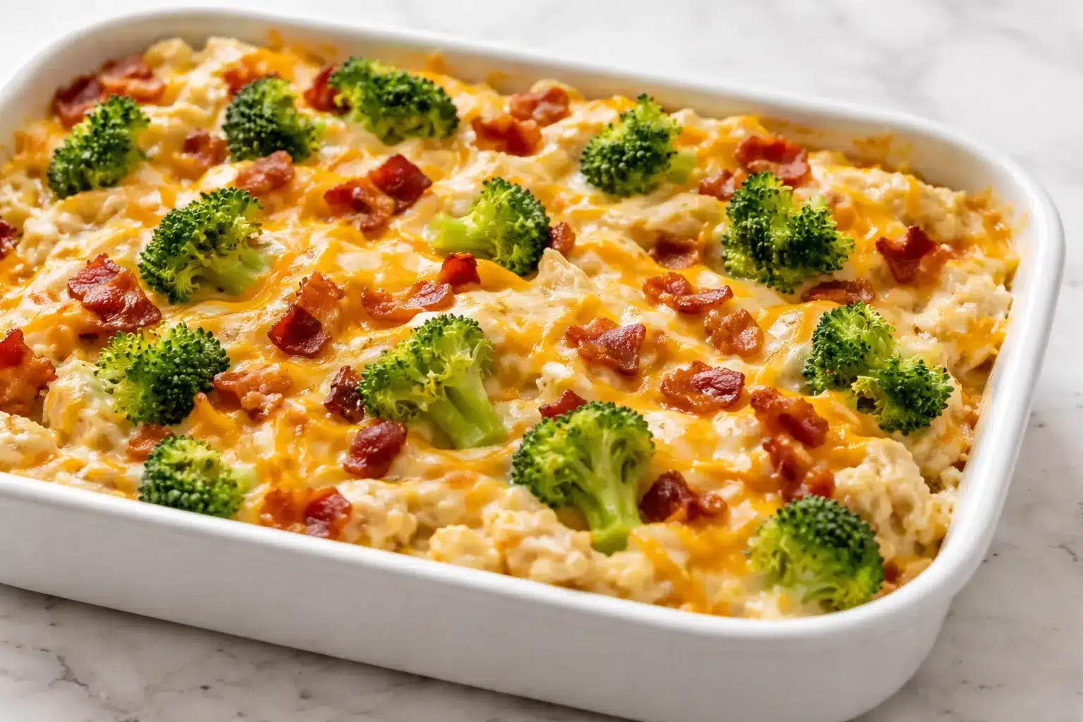 Creamy low carb chicken casserole baked with broccoli, cauliflower, and melted cheese in a white dish