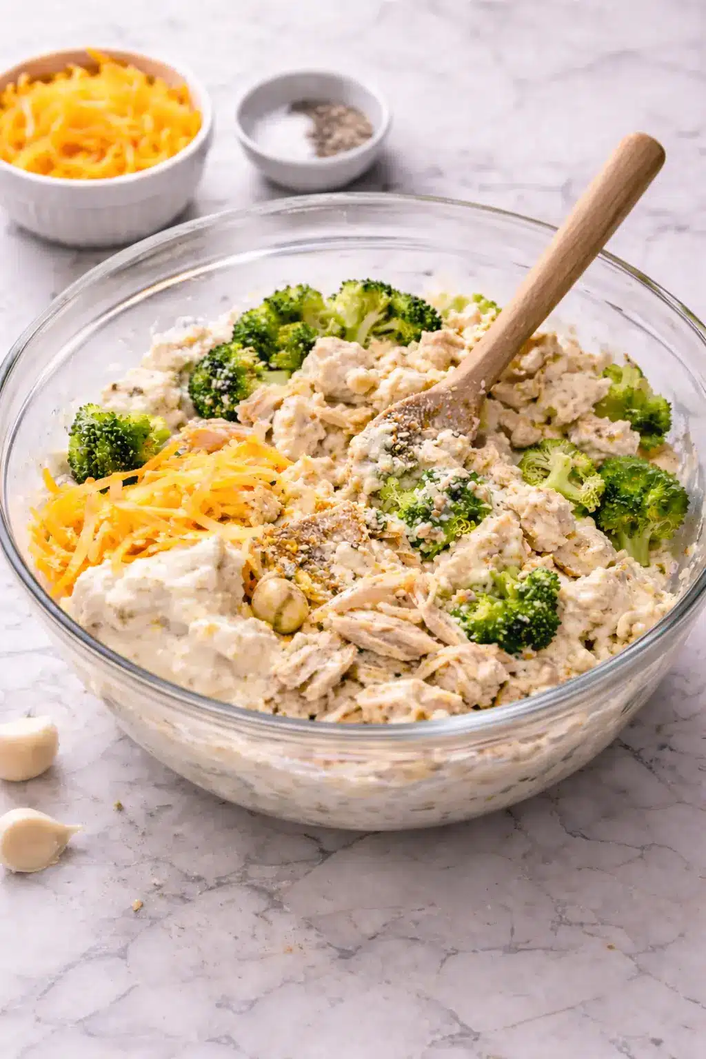 Creamy low carb chicken casserole ingredients mixed in a glass bowl with chicken, broccoli, cheese, and cream sauce