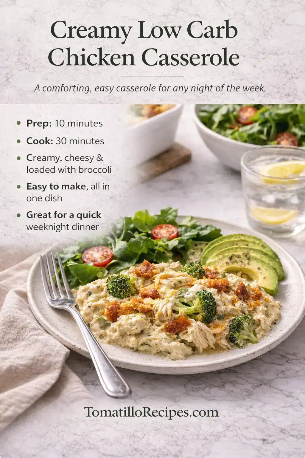 Creamy low carb chicken casserole recipe infographic with prep time, cook time, and serving ideas