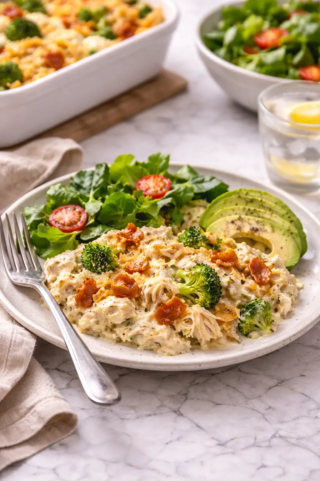 Creamy low carb chicken casserole served on a plate with salad and avocado as part of a home cooked meal