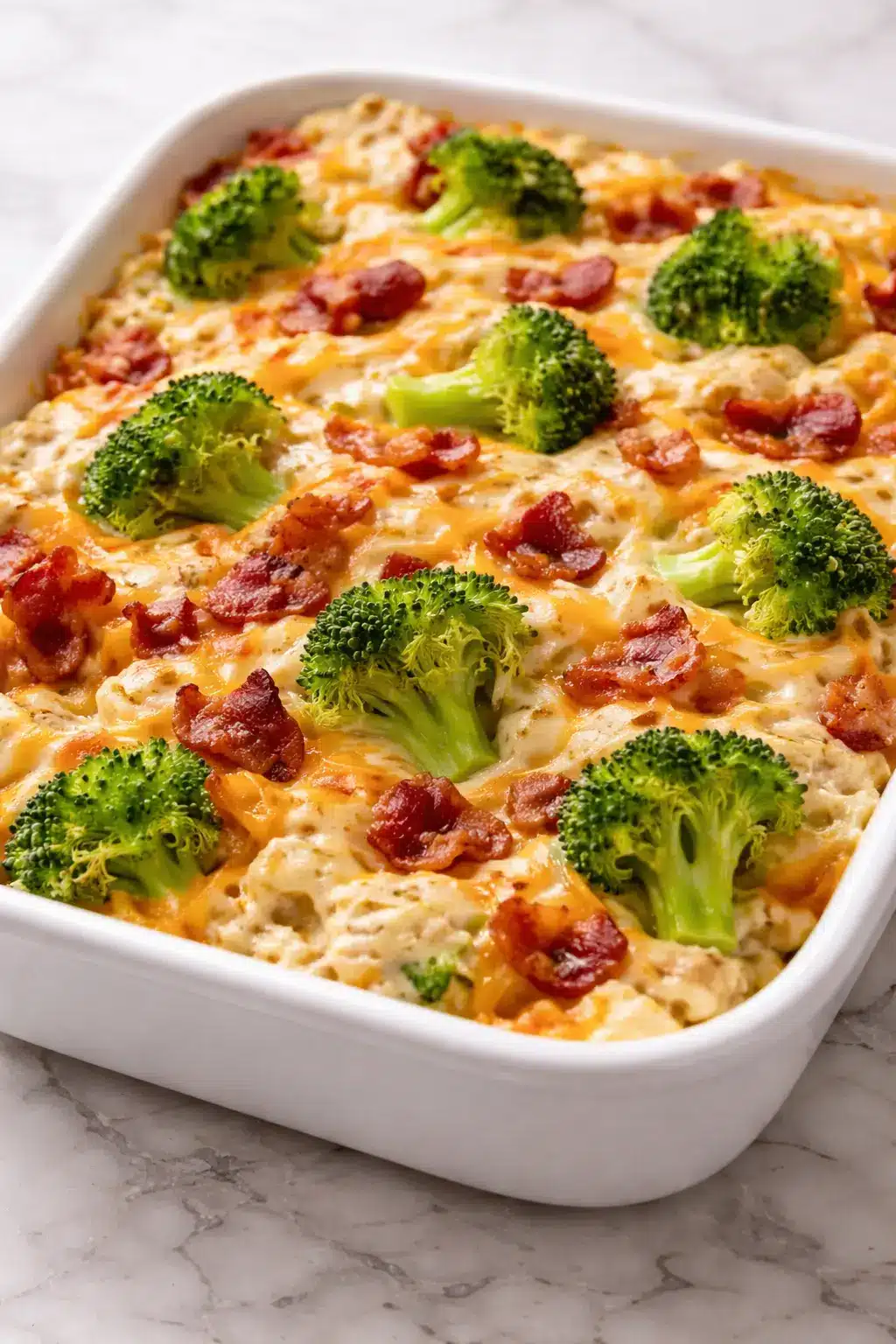 Creamy low carb chicken casserole with melted cheese, broccoli florets, and crispy bacon in a white baking dish
