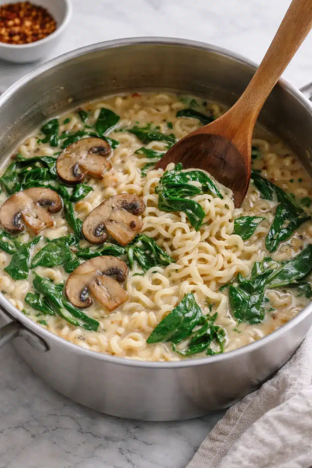 Creamy Mushroom Vegan Ramen 4 Creamy mushroom vegan ramen cooking in a pot with noodles, mushrooms, and spinach being stirred