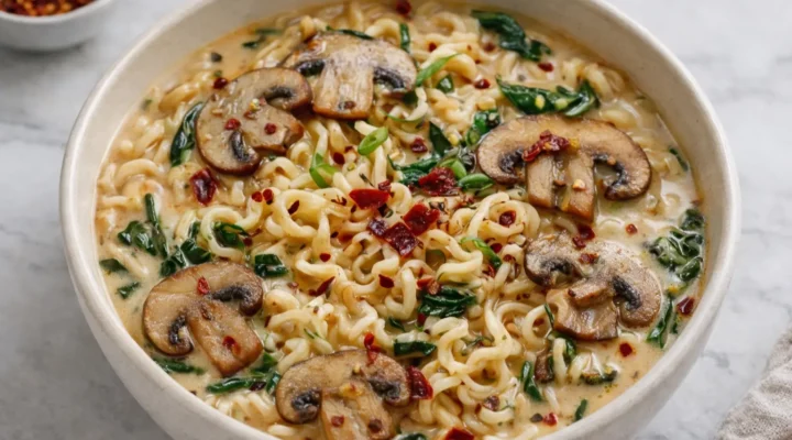 Creamy mushroom vegan ramen with noodles, sautéed mushrooms, spinach, and chili flakes in a creamy broth