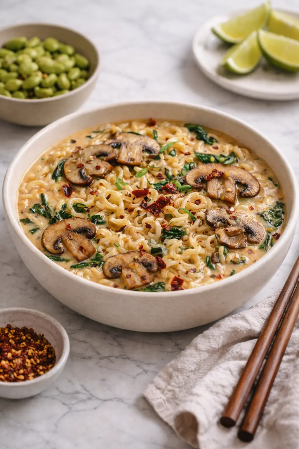 Creamy Mushroom Vegan Ramen 5 Creamy mushroom vegan ramen served with simple sides on a white marble table