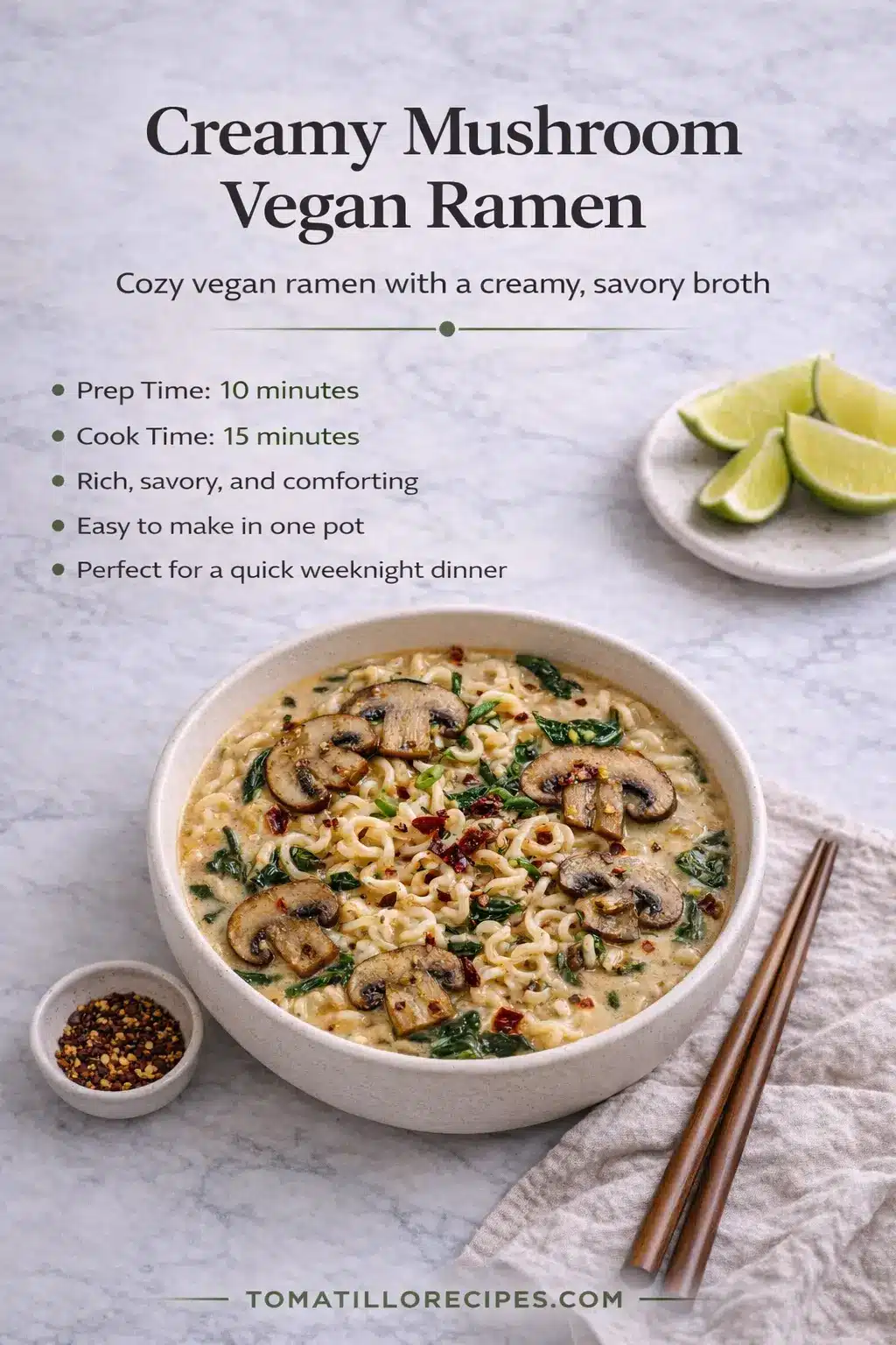 Creamy Mushroom Vegan Ramen 6 Creamy mushroom vegan ramen recipe infographic with prep time and cooking details